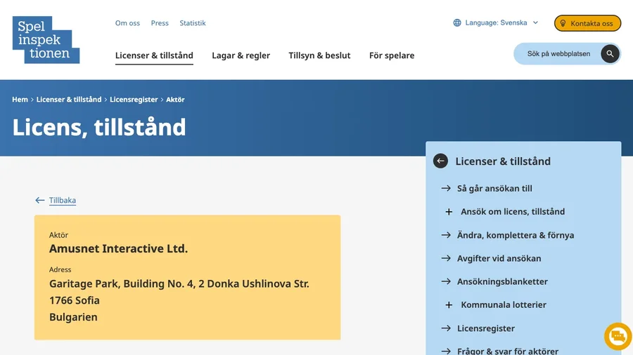 Swedish register card for Amusnet Interactive Ltd.
