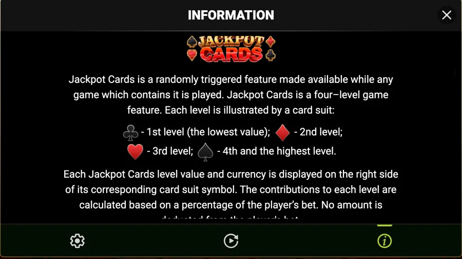 Jackpot Cards rules screen with four suit levels