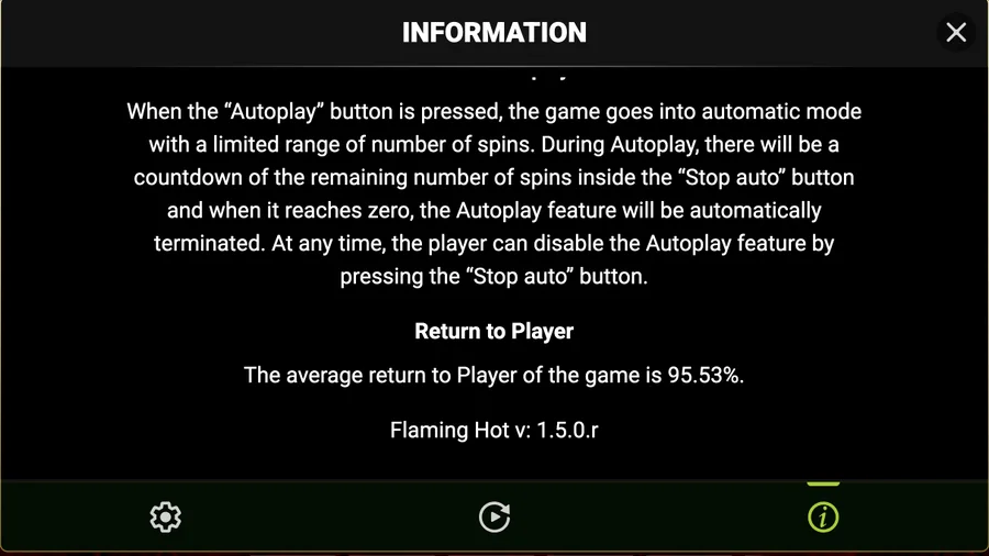 Rules screen stating 95.53% average return to player