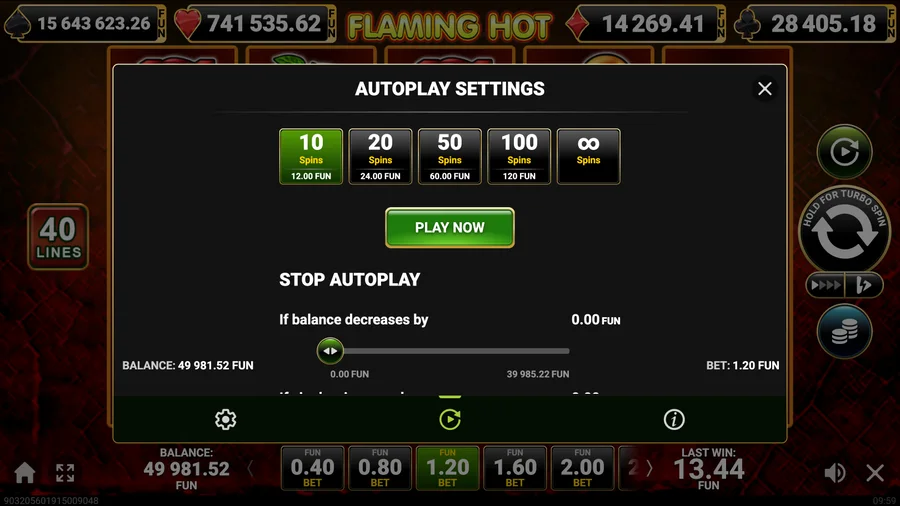 Autoplay panel offering 10 to 100 and infinite spins